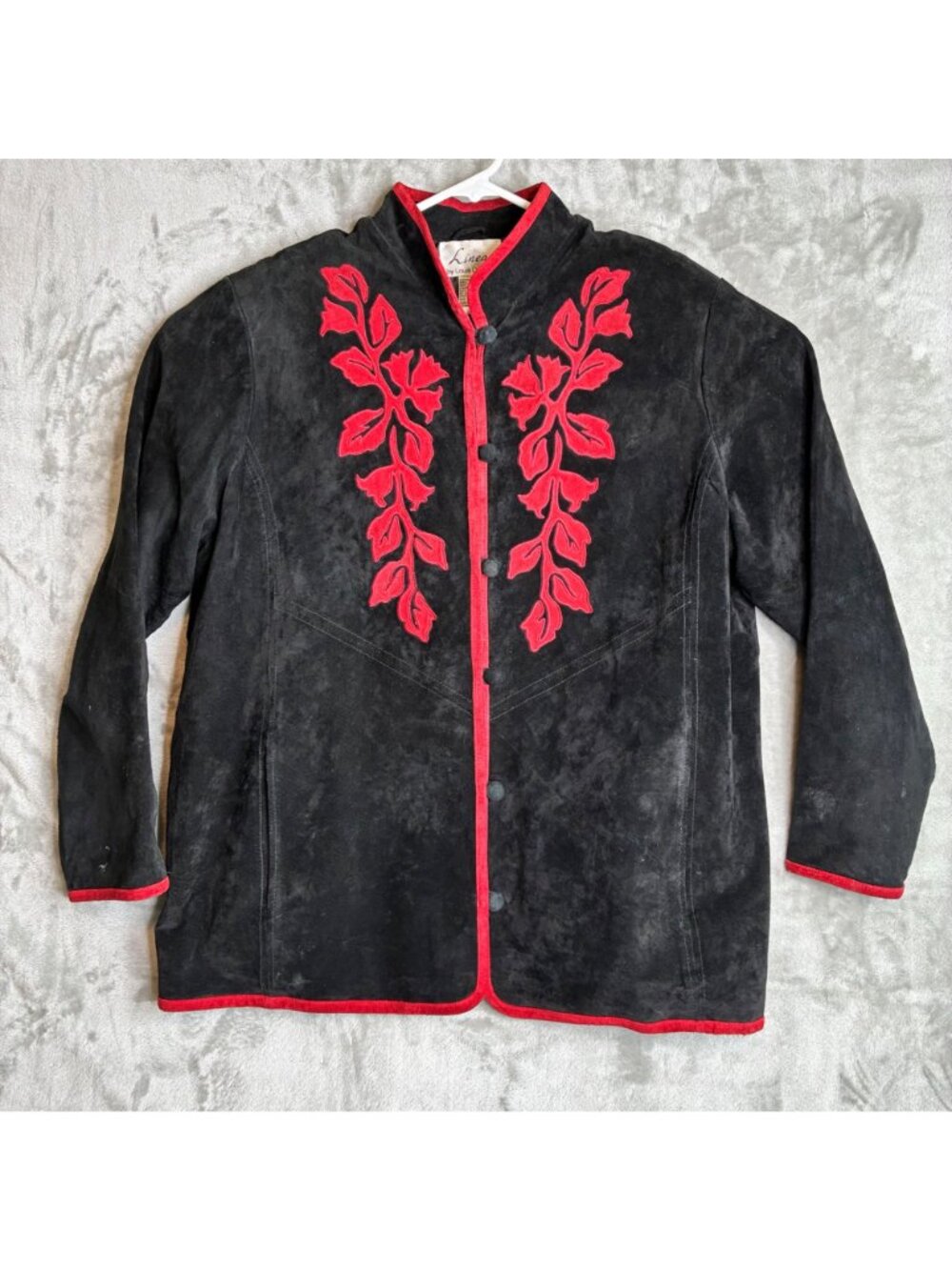 Linea by Louis DellOlio Womens Embroidered Suede Leather Jacket 1X Black Red - Picture 2 of 10